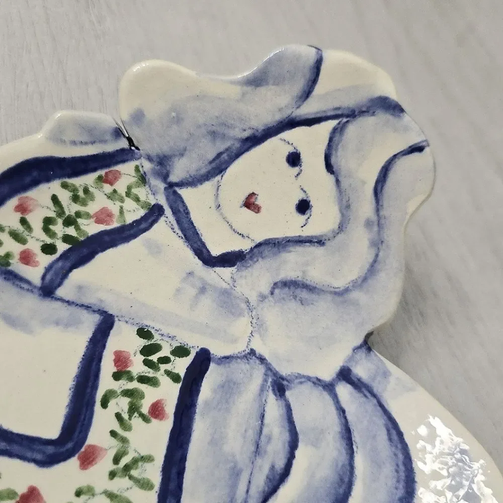 Angel Watercolor Painted Plate Dish White Blue Folk Art Pottery Signed
